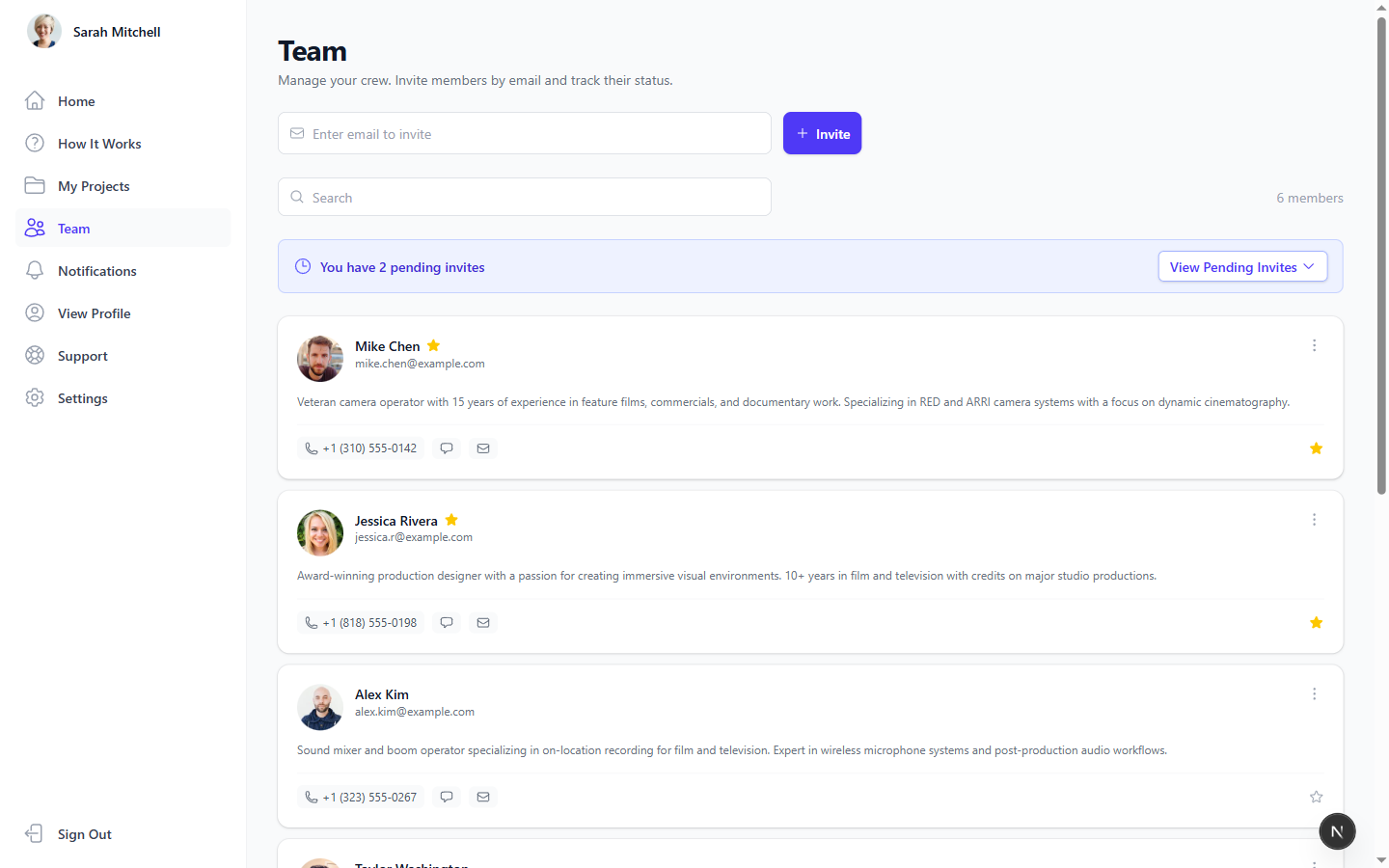 Screenshot of the Team Member feature
